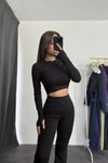 Siyah Parmak Geçmeli Basic Crop İspanyol Paça Tayt İkili Takım