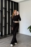 Siyah Parmak Geçmeli Tayt Basic Crop İkili Takım