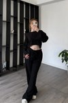 Siyah Ters Dikiş Crop İkili Pantolon Takım