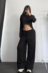 Siyah Ters Dikiş İspanyol Kol Crop Ve Pantolon İkili Takım