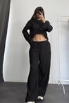 Siyah Ters Dikiş İspanyol Kol Crop Ve Pantolon İkili Takım