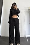 Siyah Ters Dikiş İspanyol Kol Crop Ve Pantolon İkili Takım