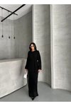 Siyah Uzun Desenli Ful Astarlı Ajur Triko Elbise
