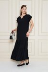 Siyah Uzun Eteği Fırfırlı Kısa Kol Apolet Detaylı Salaş Rahat Elbise