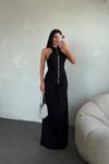 Siyah Uzun Gümüş Düğme Detaylı Elbise