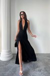 Black Long Backless Halter Neck Stretch Fabric Evening Dress