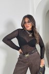 Siyah Yarı Transparan Kırçıllı Tül Bluz