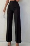 Black High Waist Topstitched Zippered and Buttoned Crepe Fabric Trousers
