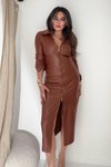 Taba Midi Deri Yırtmaçlı Fermuar Detay Elbise