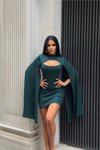 Green Mini Imported Shimmer Fabric Lined Shoulder Pad Sleeve Detail Evening Dress