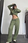 Yeşil Ters Dikiş İspanyol Kol Crop Ve Pantolon İkili Takım