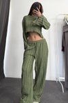Yeşil Ters Dikiş İspanyol Kol Crop Ve Pantolon İkili Takım