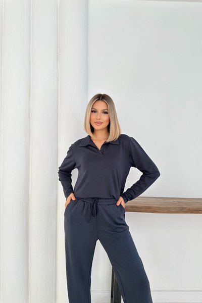 Anthracite Polo Collar Modal Fabric Basic Two-Piece Set