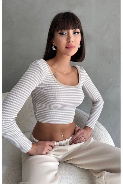 Bej Beyaz Çizgili U Yaka Uzun Kol Crop