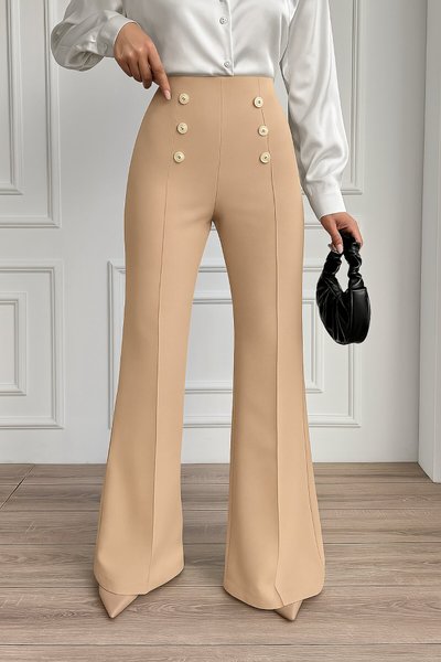 Beige Button Detail Piped Zippered Crepe Fabric Trousers