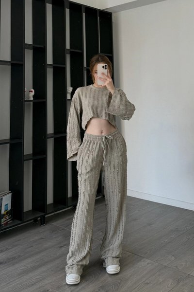 Beige Reverse Stitch Crop Two-Piece Pants Set