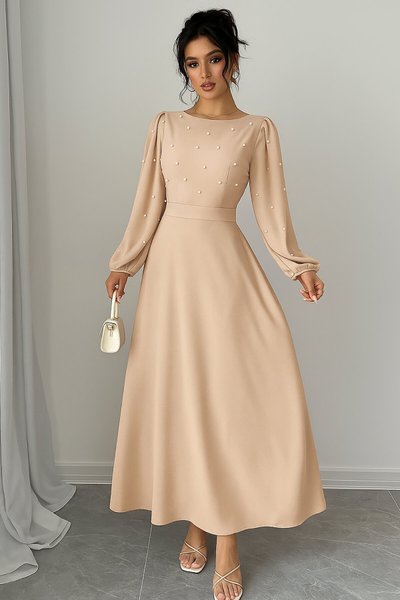 Beige Long Pearl Detail Round Neck Princess Sleeve Waist Cut-out Self-belted Crepe Fabric Dress