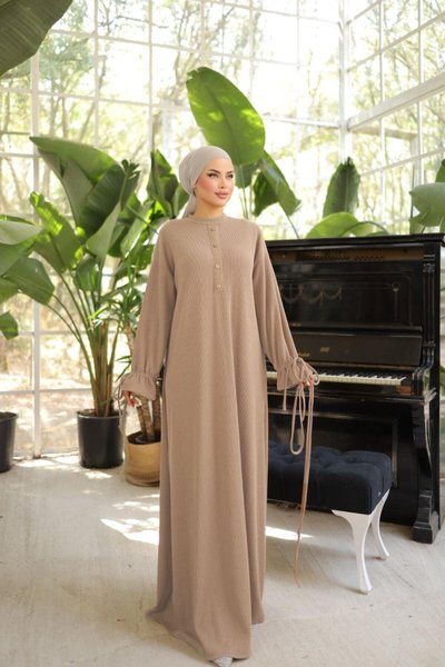 Beige Half Placket Buttoned Knitted Modest Dress
