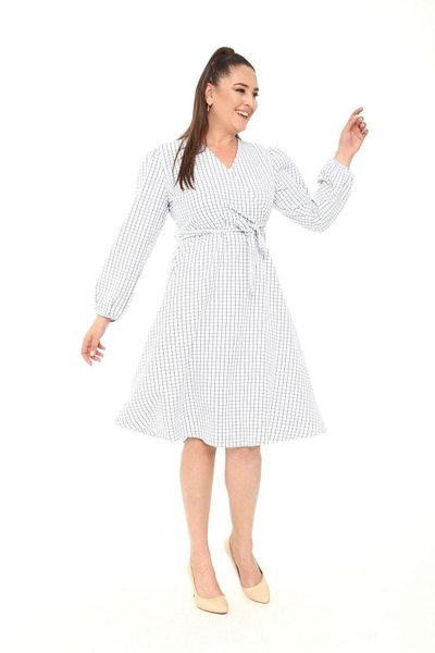 White Midi Plaid Wrap Collar Detail Tie-Waist Long Sleeve Plus Size Dress