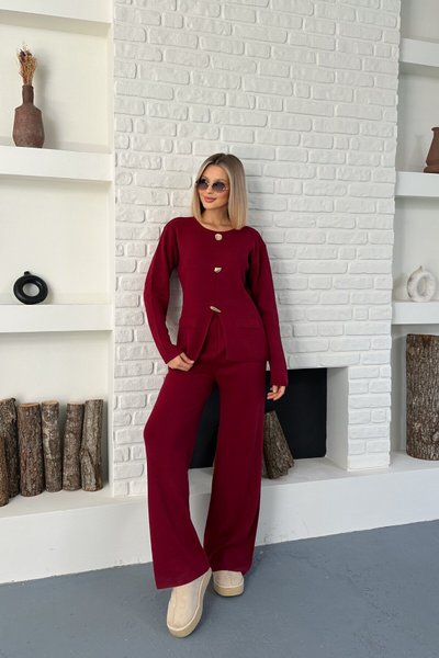 Bordo Aksesuar Detaylı Triko İkili Takım