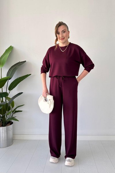 Bordo Bisiklet Yaka Modal Kumaş Uzun Kol İkili Takım