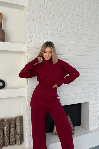 Burgundy High Neck Crop Knit Sweater and Trousers Two-Piece Set