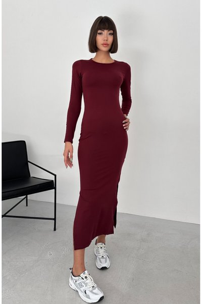 Bordo Midi Modal Kumaş Uzun Kol Yandan Yırtmaçlı Elbise