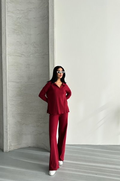 Bordo Pamuklu Polo Yaka İkili Takım