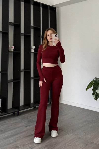 Bordo Parmak Geçmeli Tayt Basic Crop İkili Takım