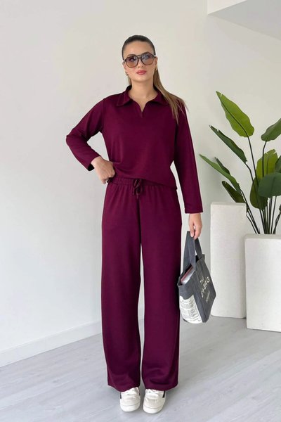 Bordo Polo Yaka Uzun Kollu Modal Kumaş İkili Takım