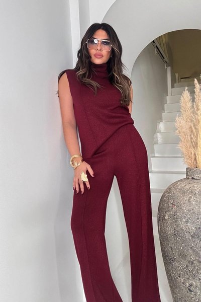 Bordo Simli Örme Kumaş İkili Takım
