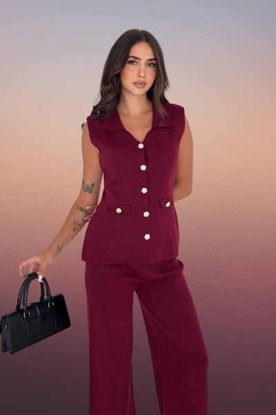 Bordo Triko Yelek Pantolon İkili Örme Yelekli Geniş Paça Takım