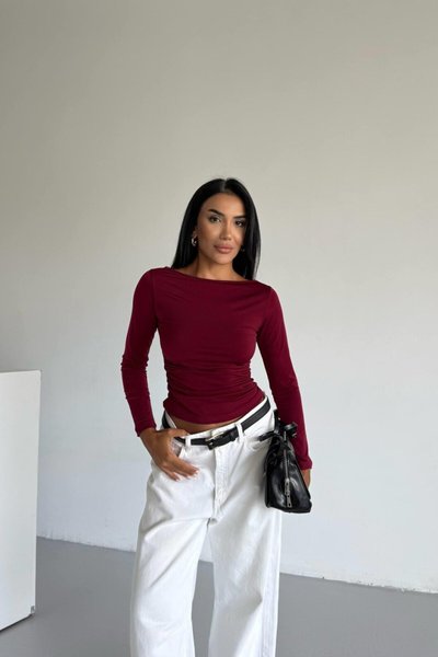 Bordo Uzun Kollu Vücudu Saran Bluz