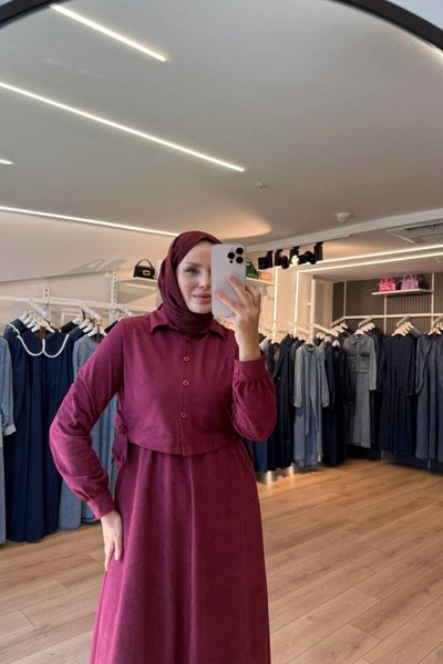 Burgundy Side-Tied Vest Suede Modest Dress