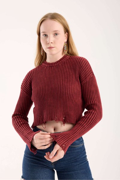 Bordo Yırtıklı Füme Triko Crop Kazak