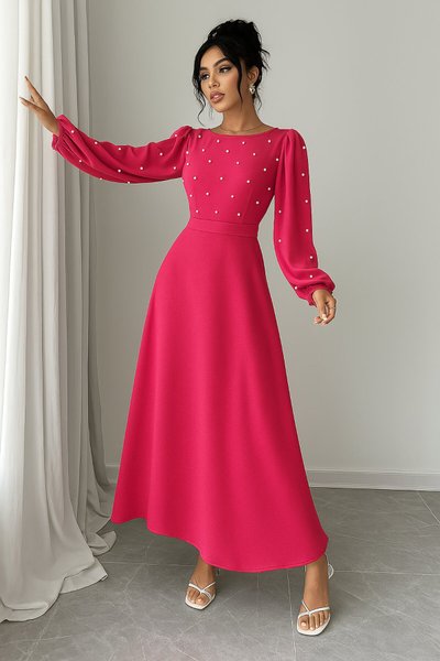 Fuchsia Long Pearl Detail Round Neck Princess Sleeve Waist Cut-out Self-belted Crepe Fabric Dress