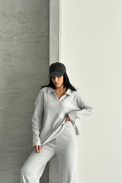 Grey Cotton Polo Collar Two-Piece Set