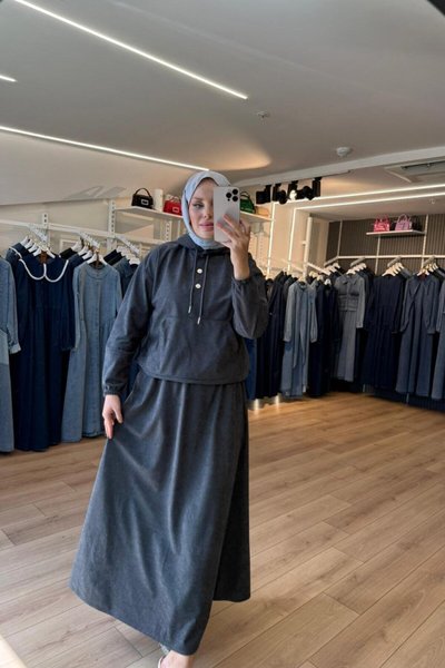 Gümüş Süet Kumaş Kapüşonlu Etek Sweatshirt İkili Tesettür Takım