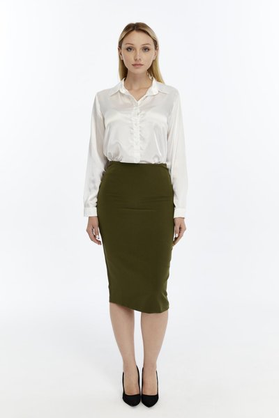 Haki Midi Mevsimlik Yırtmaç Detaylı Etek