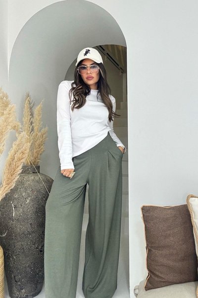 Khaki Modal Fabric Pleated Trousers