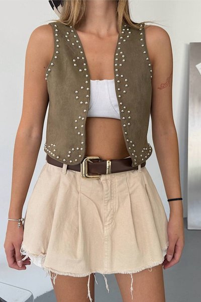 Khaki Suede Stone-Studded Regular Vest