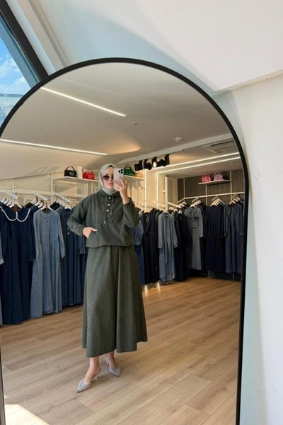 Haki Süet Kumaş Kapüşonlu Etek Sweatshirt İkili Tesettür Takım