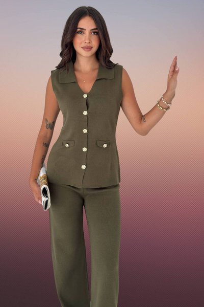 Khaki Knitted Vest and Wide-Leg Trousers Two-Piece Set