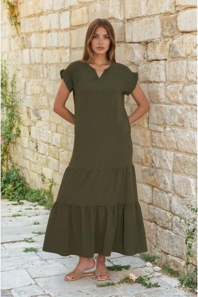 Khaki Long Ruffled Hem Short Sleeve Epaulet Detailed Loose Comfortable Dress