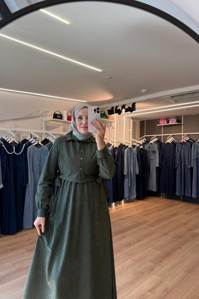Khaki Suede Modest Dress with Vest and Side Ties