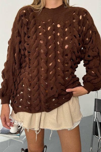 Kahve Ajurlu Triko Oversize Kazak