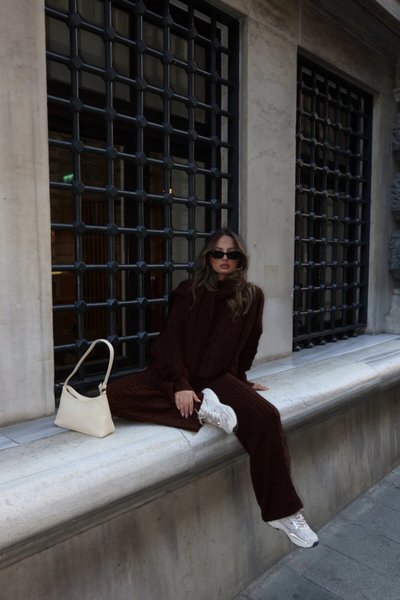 Brown Shawl-Detailed Knit 3-Piece Set