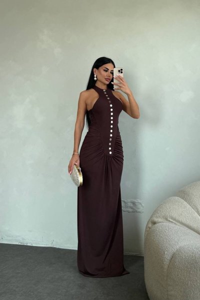 Kahverengi Uzun Gümüş Düğme Detaylı Elbise