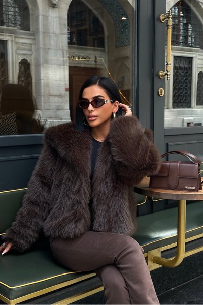 Kahverengi Yakalı Astarlı Premium Kürk Ceket