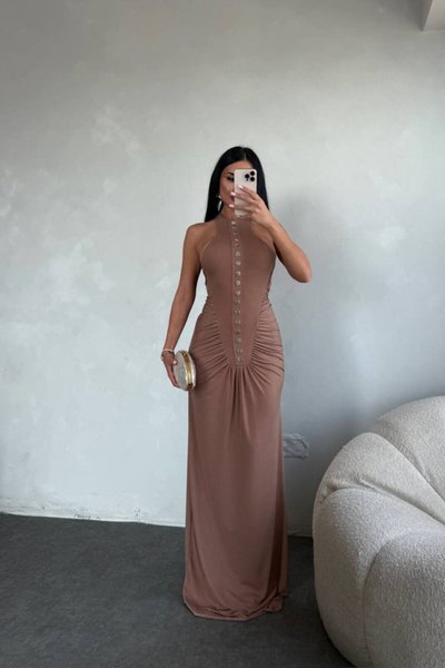 Caramel Long Silver Button Detailed Evening Dress